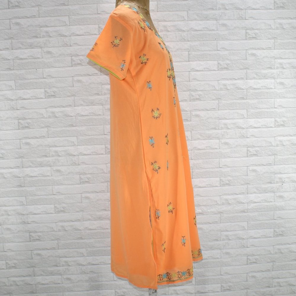 HANDMADE Kurta Peach Tunic Dress Turquoise Floral Silver Embroidered Top Ethnic - Picture 3 of 14